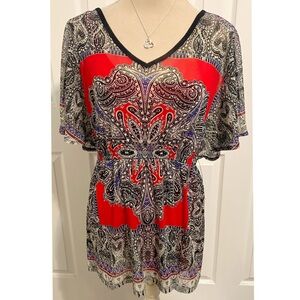Alfani Red and Black Paisley V Neckline Tunic